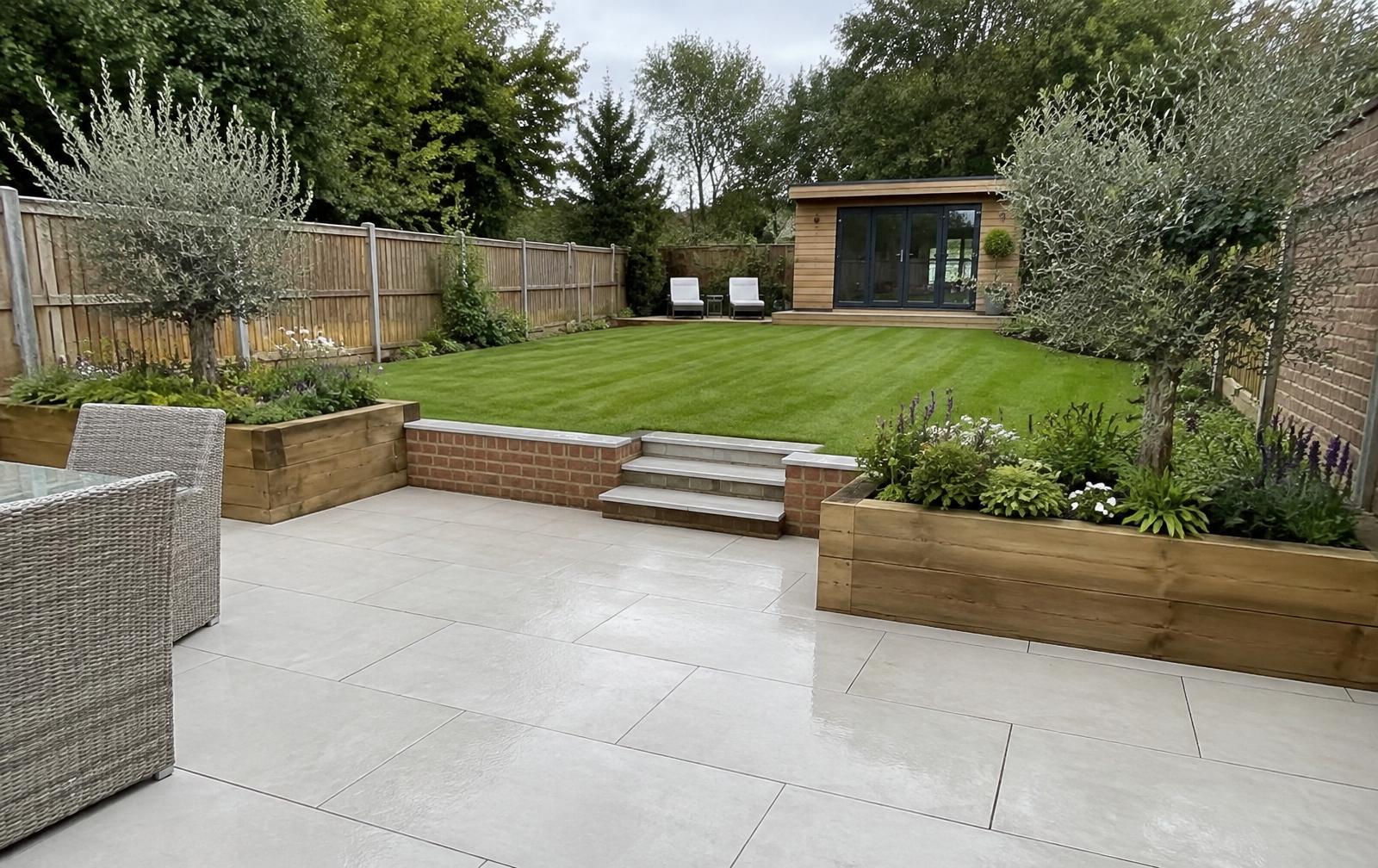 Landscapers in Dedham, Essex — porcelain patio, turf lawn and sleeper planters