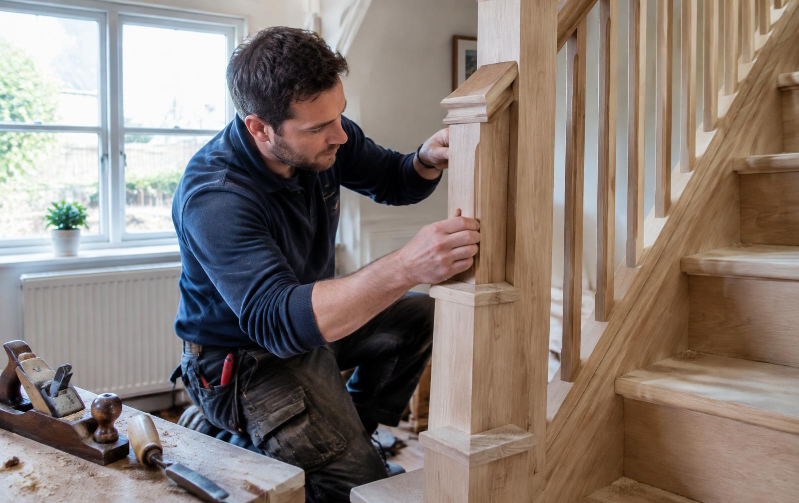 Carpenter fitting a bespoke oak staircase balustrade in Dedham, Essex