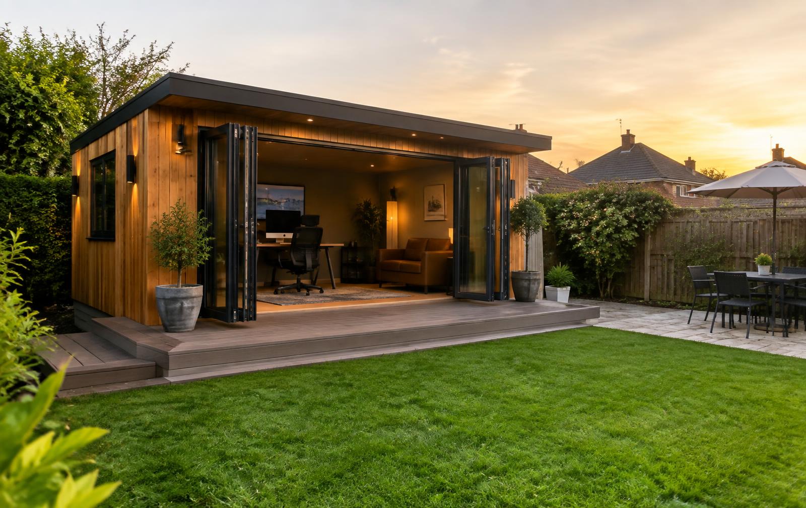 Insulated cedar-clad garden room office with bifold doors in Halstead, Essex