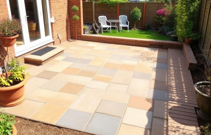 Indian sandstone patio laid by OMP Building in an Essex garden