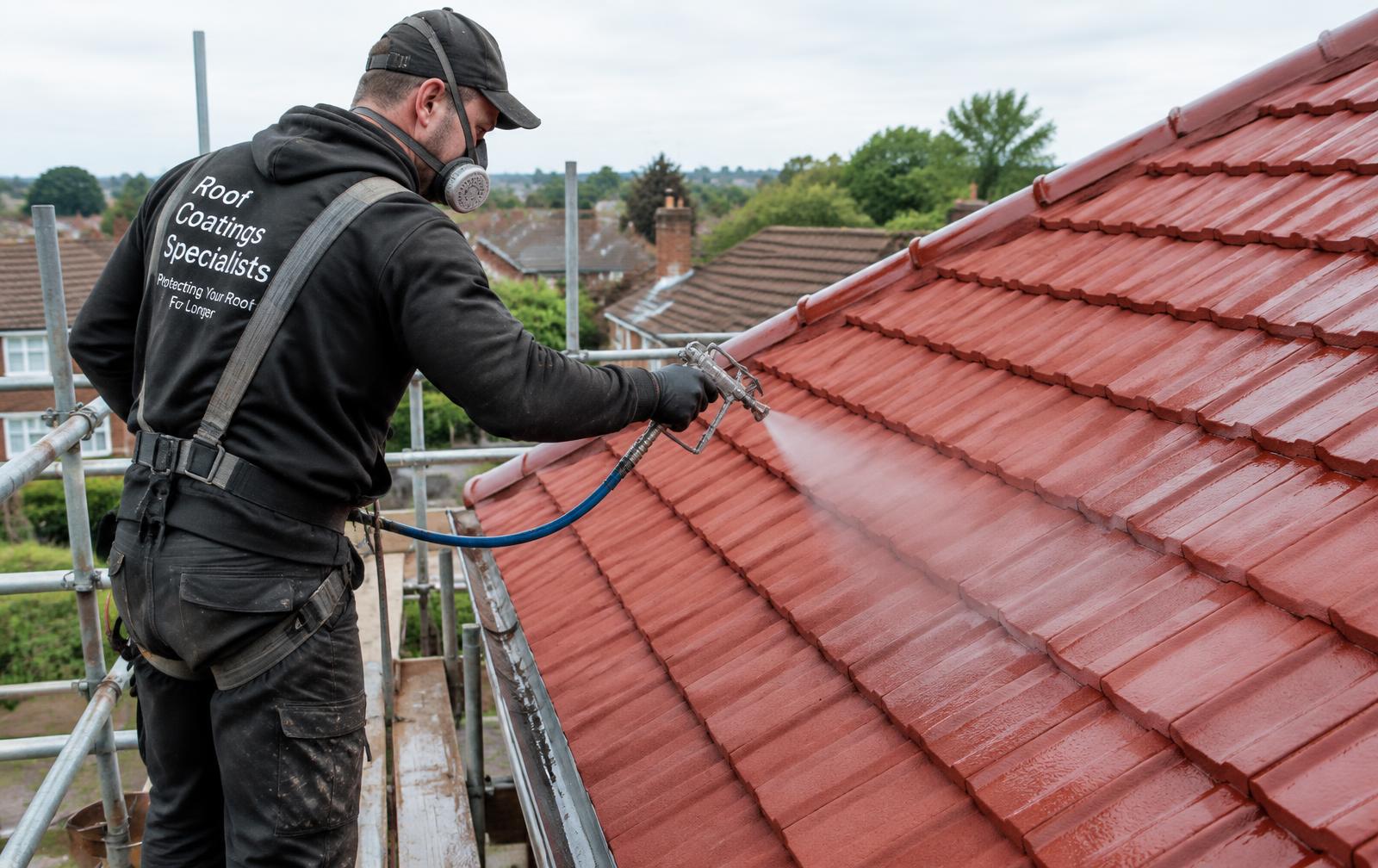 Roofer spraying a protective roof coating onto cleaned tiles in Halstead, Essex